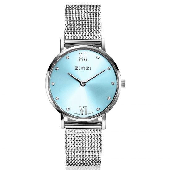 ZINZI Lady Crystal horloge ice blue wijzerplaat en kast stalen mesh band, witte crystals bij uuraanduiding, 28mm extra dun ZIW645M
