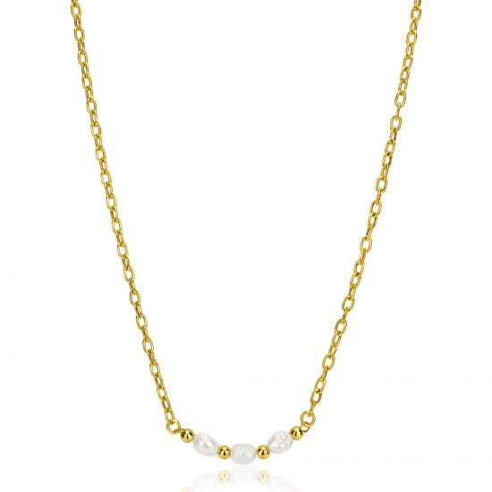 ZINZI gold plated zilveren schakelketting met drie witte natuurlijk gevormde zoetwaterparels in het midden 42-45cm ZIC2643