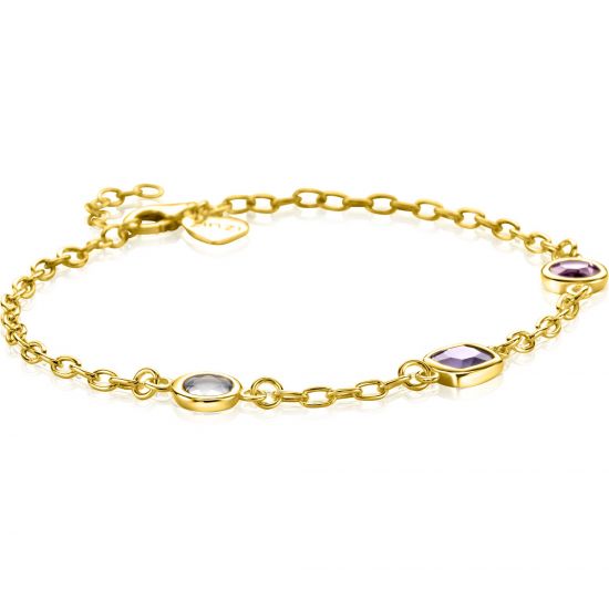 ZINZI gold plated zilveren schakelarmband met ronde en vierkante zettingen pastel en paars 17-20cm ZIA2525G