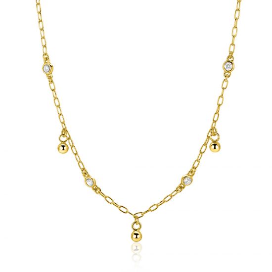 ZINZI gold plated zilveren schakelketting met vier witte zirkonia's en 3 ronde bolletjes, gelijkmatig verdeeld over de ketting 42-45cm ZIC2658