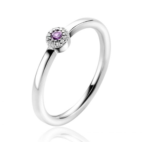 ZINZI zilveren ring ronde zetting met paarse kleursteen en rondom witte zirconia's 4,5mm breed ZIR2561