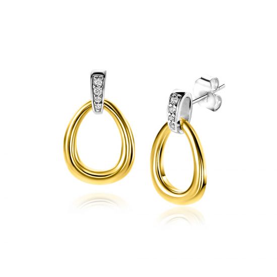 19mm ZINZI gold plated zilveren bicolor oorstekers druppelvorm glad met witte zirconia's ZIO1709Y