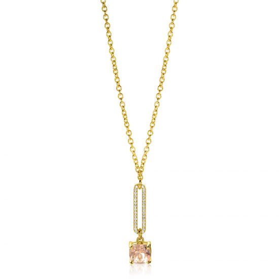 ZINZI gold plated zilveren jasseron ketting met schitterende open ovale vorm en vierkante hanger in licht roze 42-45cm ZIC2579
