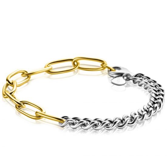 ZINZI zilveren bicolor armband met hippe gourmet en gold plated ovale schakels 6mm breed en 18,5cm ZIA-BF79