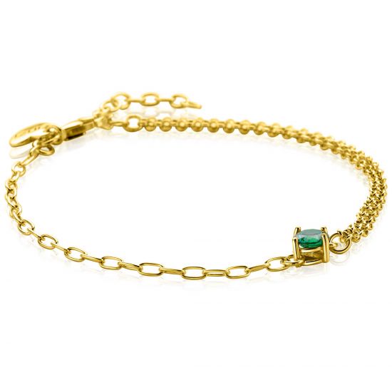 ZINZI gold plated zilveren multi-look armband met ovale en jasseron schakels, met ronde groene kleursteen in vierpootszetting 17-19cm ZIA2660G