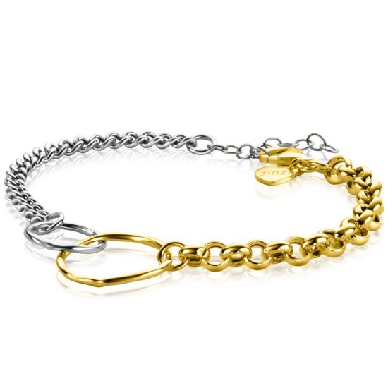 Zinzi zilveren armband met trendy gourmet en gold plated jasseron schakels, verbonden door ronde vormen in elkaar 17-20cm ZIA2333