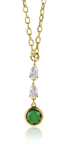 ZINZI gold plated zilveren schakelketting met hanger (31mm) bezet met twee peervormige witte zirconia's en een ronde groene kleursteen 40-45cm ZIC-BF69G