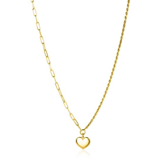 ZINZI gold plated zilveren schakel ketting met twee trendy schakels en glad hart 40-45cm ZIC2381G
