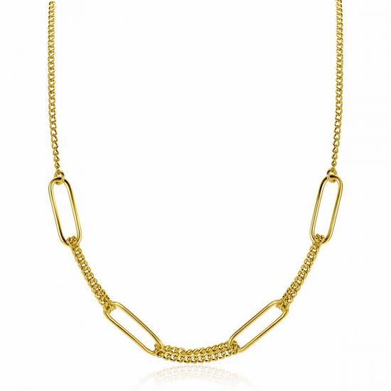 ZINZI gold plated zilveren ketting 45cm met vier grote ovale schakels en gourmet schakels ZIC2382
