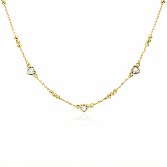 ZINZI gold plated zilveren schakelketting met trio-bolletjes en drie hartvormige witte zirkonia's 40-45cm ZIC2679