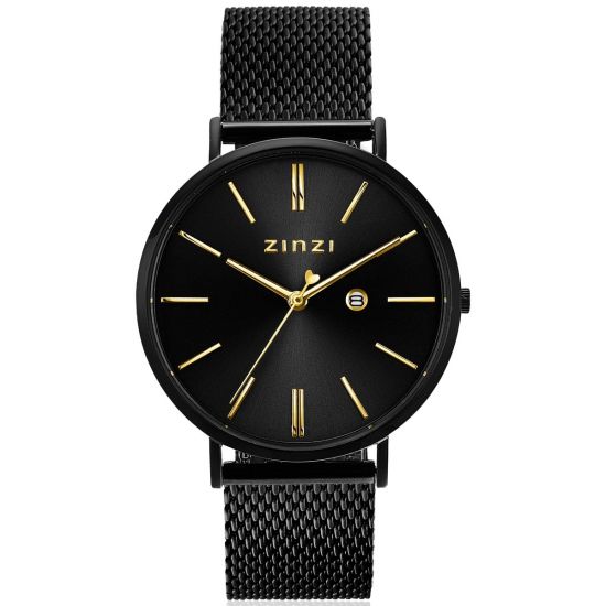 ZINZI Retro horloge 38mm zwarte wijzerplaat, goudkleurige wijzers, zwarte stalen kast, zwarte stalen mesh band extra dun ZIW449M