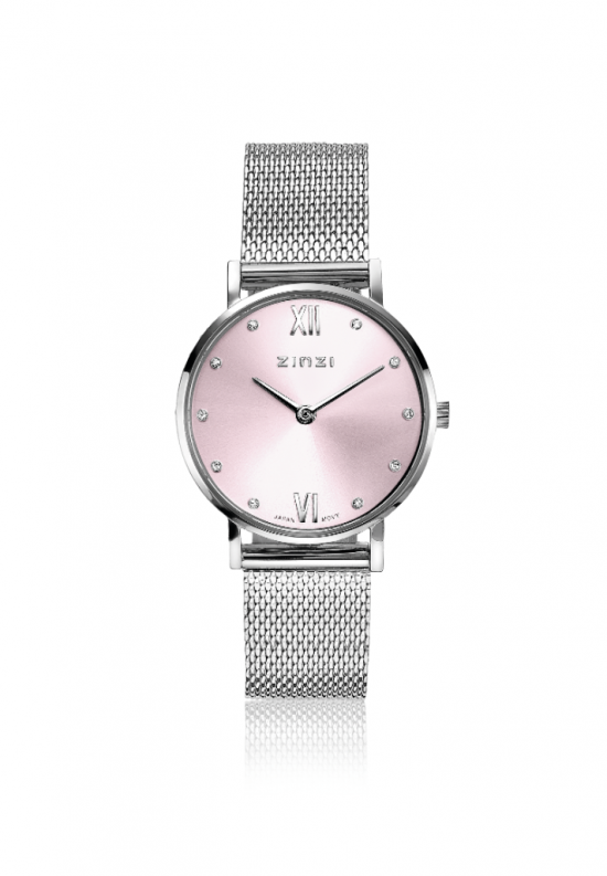 ZINZI Lady Crystal horloge roze wijzerplaat en kast stalen mesh band, witte crystals bij uuraanduiding, 28mm extra dun ZIW641M
