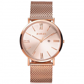 ZINZI Roman horloge roségoudkleurige wijzerplaat en kast stalen mesh band roségoudkleurig 34mm extra dun ZIW505M