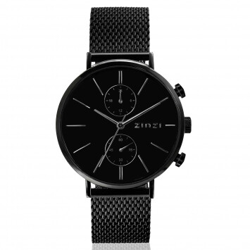 ZINZI watch Traveller black zwarte wijzerplaat, zwarte stalen kast zwarte mesh band 39mm dual time ZIW750M