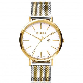 ZINZI Retro horloge witte wijzerplaat en geelgoudkleurige stalen kast stalen mesh band bicolor 38mm extra dun ZIW407MB