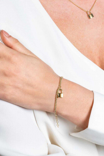 ZINZI gold plated zilveren gourmet armband met trendy slotje als bedeltje 16,5-19,5cm ZIA2354G