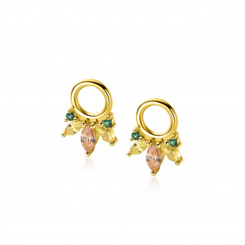 10mm ZINZI gold plated zilveren oorbedels met vijf speelse zettingen in aflopende grootte, bezet met champagne, peridot en donkergroene kleurstenen ZICH2633GC (zonder oorringen)