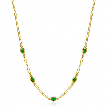 ZINZI gold plated zilveren ketting met paperclip schakels, bezet met 5 ovale groene kleurstenen 42-45 cm ZIC1939
