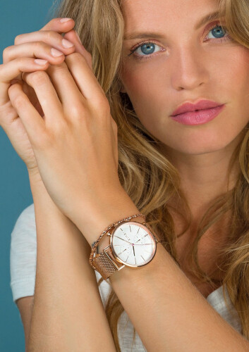 ZINZI Traveller horloge witte wijzerplaat en roségoudkleurige kast stalen mesh band roségoudkleurig 39mm dual time ZIW708M