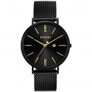 ZINZI Retro horloge 38mm zwarte wijzerplaat, goudkleurige wijzers, zwarte stalen kast, zwarte stalen mesh band extra dun ZIW449M