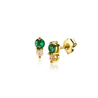 6,5mm ZINZI gold plated zilveren oorknoppen ronde chatonzettingen diepgroene en champagne kleurstenen ZIO2562