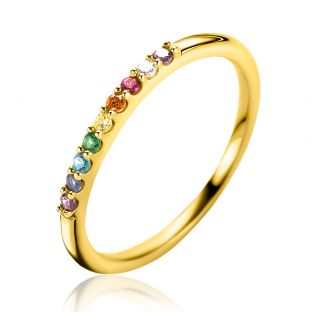 ZINZI gold plated zilveren aanschuifring met regenboog kleurstenen in chatonzettingen ZIR2598