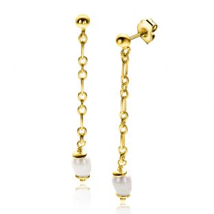 40mm ZINZI gold plated zilveren oorstekers met lang schakelkettinkje, inclusief witte zoetwaterparel ZIO2588