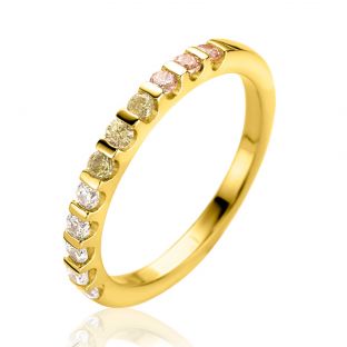 ZINZI gold plated zilveren aanschuifring 2mm breed bezet met champagne, peridot en witte zirconia's ZIR2612