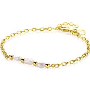 ZINZI gold plated zilveren schakelarmband met drie witte natuurlijk gevormde zoetwaterparels in het midden 17-19cm ZIA2643