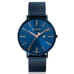 ZINZI Retro horloge blauw gekleurde wijzerplaat met rosé wijzers en blauwe stalen mesh band 38mm extra dun ZIW414M