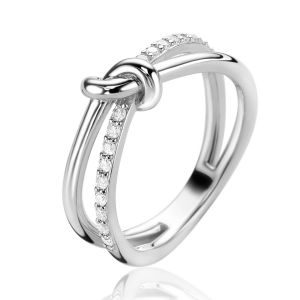 ZINZI zilveren cross-over ring met knoop en bezet met witte zirconia's ZIR2505