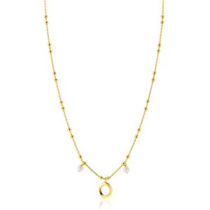 ZINZI gold plated zilveren fantasie ketting met kleine bolletjes, twee bungelende witte pareltjes en organische open vorm in het midden 42-45cm ZIC2405