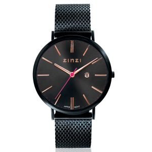 ZINZI Retro horloge zwarte wijzerplaat en zwarte stalen kast zwarte stalen mesh band 38mm extra dun ZIW409M