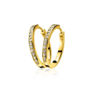 24mm ZINZI gold plated zilveren oorringen met witte zirconia's en luxe klapsluiting, buisdikte 3mm ZIO192Y