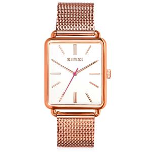 ZINZI Vintage Retro horloge witte wijzerplaat en rechthoekige roségoudkleurige kast stalen mesh band 34mm extra dun ZIW908M