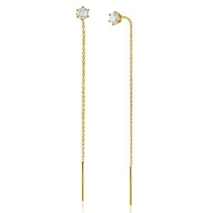 80mm ZINZI gold plated zilveren doortrek oorbellen met chatonzetting 5mm witte zirconia en sierlijk kettinkje ZIO2576Y
