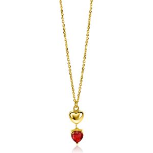 ZINZI gold plated zilveren schakel ketting met liefdevolle harten, glanzend en bezet met rode kleursteen 42-45cm ZIC-BF94