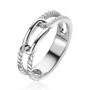 ZINZI zilveren luxe ring 5mm breed met drie paperclip schakels, glad bewerkt witte zirconia's ZIR2330