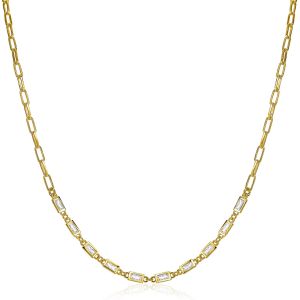 ZINZI zilveren ketting 45cm in 14K geel verguld met paperclip schakels en baguette witte zirconia's ZIC1993G