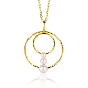 34mm ZINZI gold plated zilveren ronde fantasie hanger bezet met drie ronde witte zoetwaterparels ZIH2616 (zonder collier)