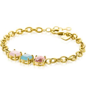 ZINZI gold plated zilveren schakel armband met drie vierkante zettingen bezet met roze en turquoise kleurstenen 17-20cm ZIA2454