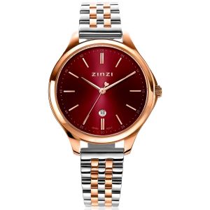 ZINZI Classy horloge 34mm donkerrode wijzerplaat roségoudkleurige stalen kast en bicolor band, datum ziw1038
