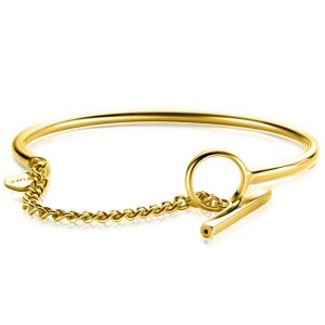 ZINZI gold plated zilveren gladde bangle armband 3mm breed met kapittel sluiting en gourmet kettinkje ? 65mm ZIA-BF73G