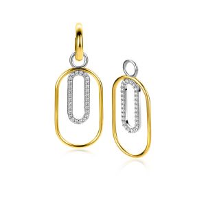 ZINZI gold plated zilveren ovale oorbedels 32mm bezet met witte zirconia's ZICH2329 (zonder oorringen)