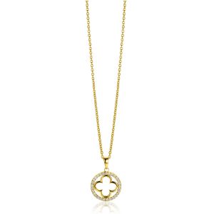 ZINZI gold plated zilveren anker ketting met luxe klaver hanger (15mm) rondom bezet met witte zirconia's 45-48cm ZIC2617Y