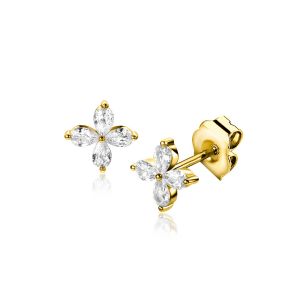 7,5mm ZINZI gold plated zilveren oorknoppen met bloem bezet met vier druppelvormige witte zirconia's ZIO2624