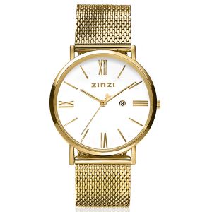 ZINZI Roman horloge witte wijzerplaat stalen kast geelgoudkleurig stalen mesh band geelgoudkleurig 34mm extra dun ZIW507M