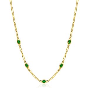 ZINZI gold plated zilveren ketting met paperclip schakels, bezet met 5 ovale groene kleurstenen 42-45 cm ZIC1939
