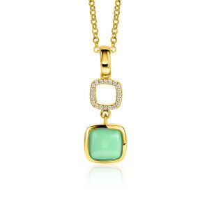 ZINZI gold plated zilveren tweezijdige hanger 30mm vierkant met witte onyx en mintgroene kleursteen ZIH2308 (zonder collier)