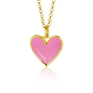 ZINZI gold plated zilveren hanger hart 15mm met roze emaille ZIH2314R (zonder collier)